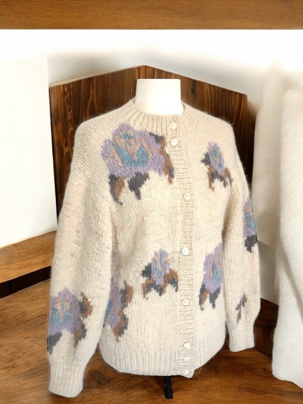 Hand Knit Wool Floral Cardigan Cream Sweater